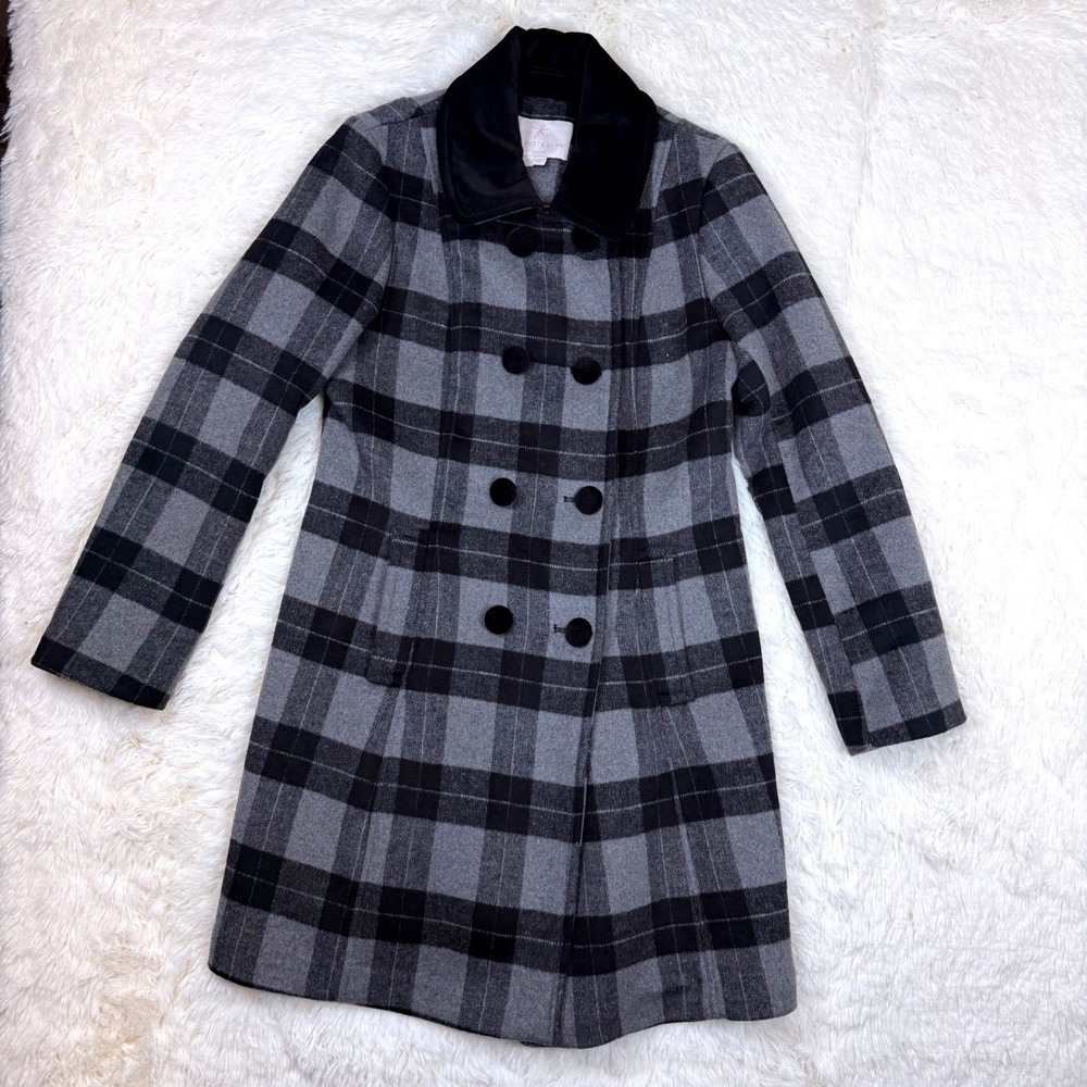 Gal Meets Glam Coat Women Medium Grey Black Plaid Velvet Trim Double Breasted